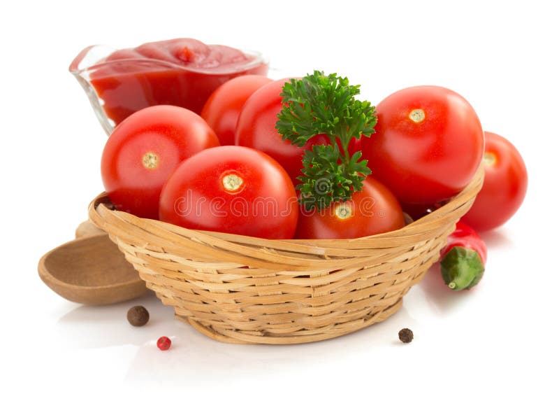 Tomato and sauce on white background