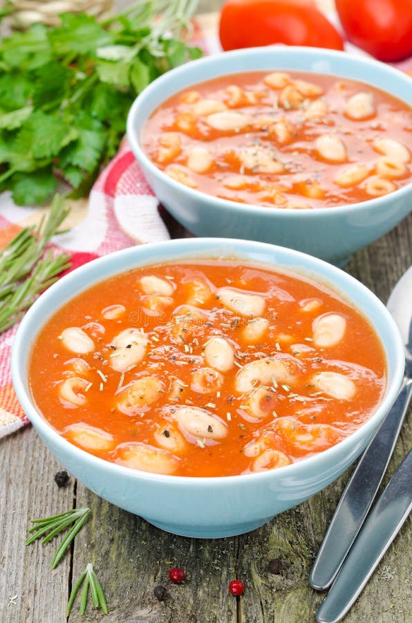Tomato Soup with Pasta, Beans and Rosemary Stock Image Image of