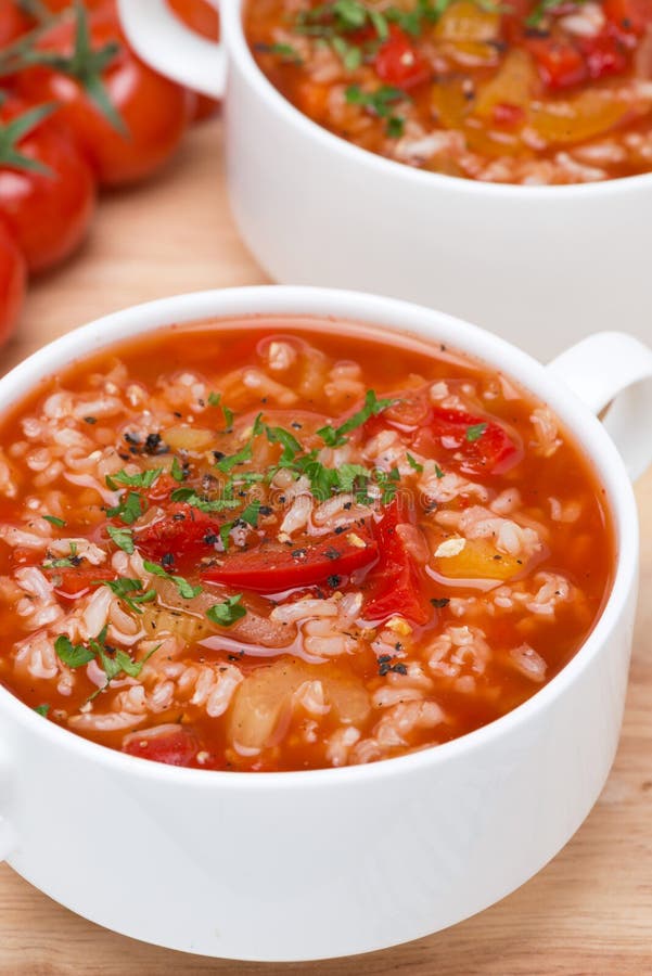 Tomato Soup with Rice, Vegetables and Herbs, Closeup Stock Image Image of health, dinner