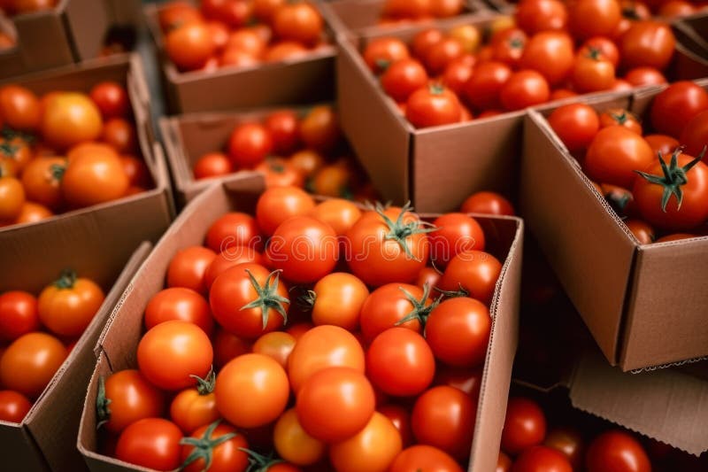 Tomatoes in Boxes, Tomato Season Harvest Generative Ai Stock