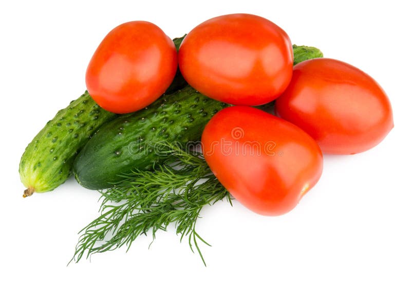 Tomatoes, cucumbers and dill isolated on white