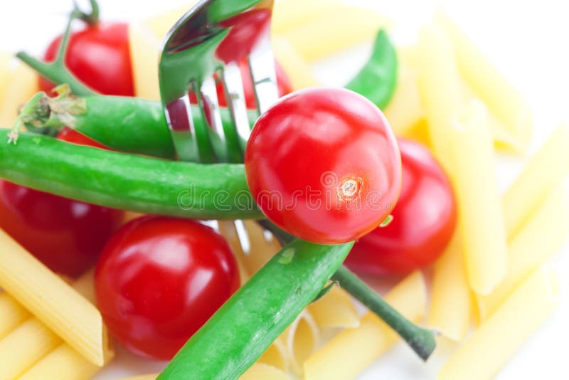 Tomatoes, Peas, Pasta and Fork Stock Image Image of ceramics, noodles