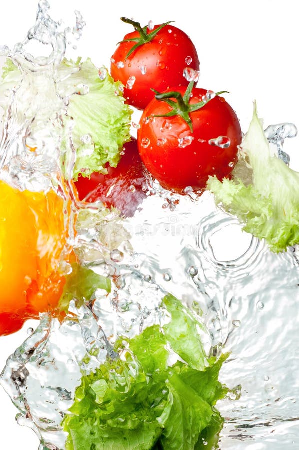 Tomatoes, Yellow Pepper and lettuce in splash