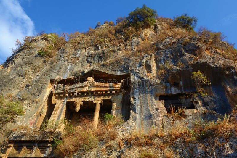 Amyntas Mezarı, Fethiye, Türkiye'deki Antik Likya kaya mezarları.  Amyntas'ın Mezarı, Fethiye'deki antik Likya kaya mezarları Türkiye'de olan Stok Fotoğraf
