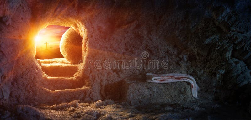 Tomb Empty With Shroud And Crucifixion At Sunrise. Resurrection Of Jesus royalty free stock images