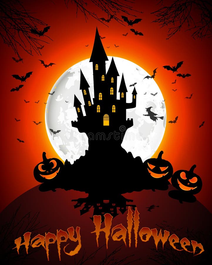 Tombe de Halloween sur les potirons de fond de pleine lune, la main, la maison effrayante et les battes illustration de vecteur Tombe de Halloween sur les potirons de fond de pleine lune, la main, la maison effrayante et les battes illustration de vecteur