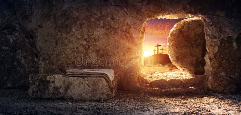 Tombe vide avec l'enveloppe de la crucifixion et de la résurrection de lever de soleil Tombe vide avec l'enveloppe de la crucifixion et de la résurrection de lever de soleil