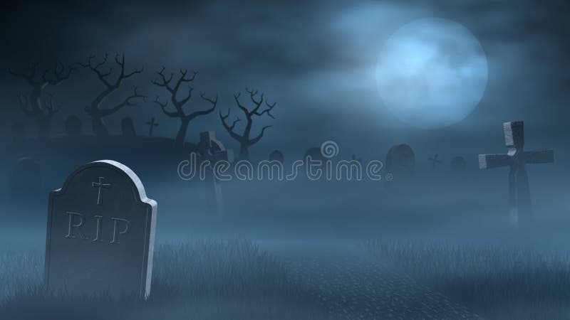 La strada fra vecchio lapidi sul allarmante un nebbioso cimitero di notte.