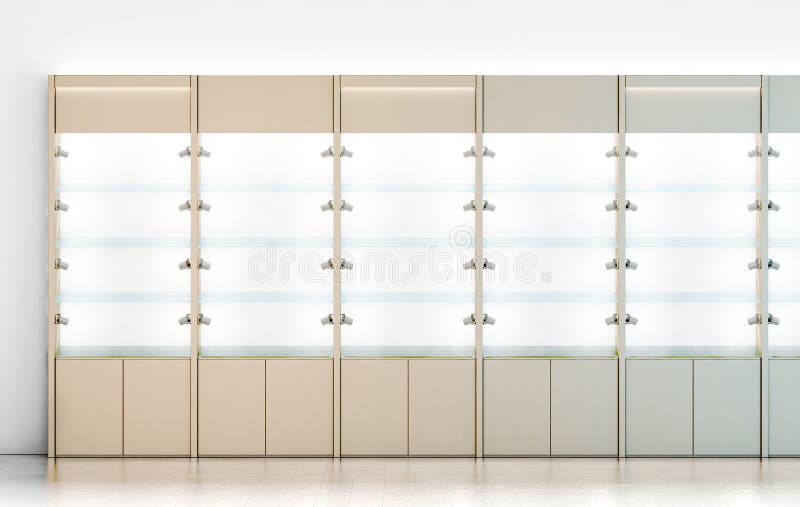 Blank wooden showcase design mockup, 3d rendering. Clear white wood show case with empty glass shelves mock up. Store wall with modern cabinet. Shop front view with bright rack template. Blank wooden showcase design mockup, 3d rendering. Clear white wood show case with empty glass shelves mock up. Store wall with modern cabinet. Shop front view with bright rack template.