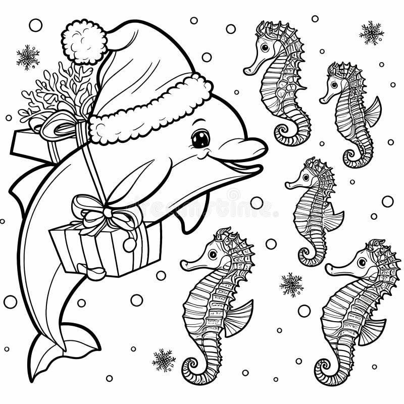 Tomt delphin levererar gåvor till en sjöfamilj. royaltyfri illustrationer