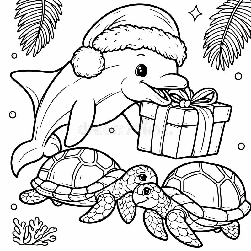 Tomt delphin levererar gåvor till havssköldpaddor. royaltyfri illustrationer