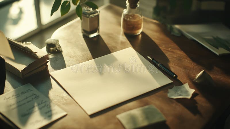 Tomt kuvert på rustik skrivbord med mjukt eftermiddagsljus för utformning av kontorsutrustning vektor illustrationer