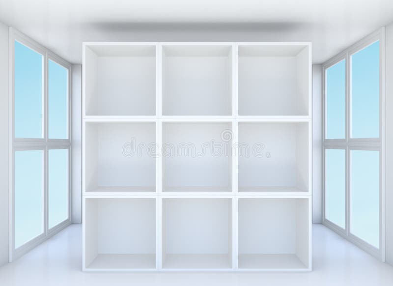 Empty showcase or bookshelf in clean room. Blue sky outside window. 3D illustration. Empty showcase or bookshelf in clean room. Blue sky outside window. 3D illustration