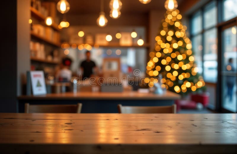 Tomt träbord i kafé. Tristmas-lampor ur fokus i bakgrunden. trevlig feststämning perfekt för produkten vektor illustrationer