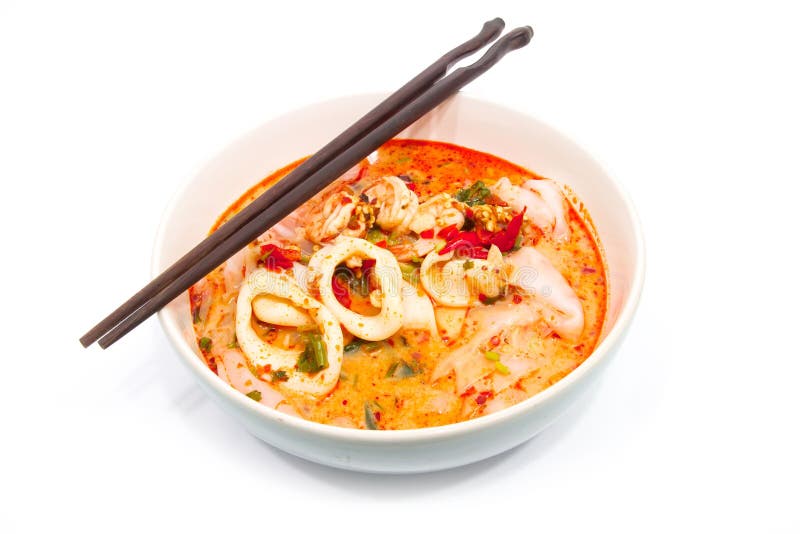 Tomyum seafood spicy noodle on white background. Tomyum seafood spicy noodle on white background