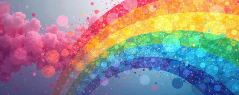 Tonalità arcobaleno abbaglianti su un'area grigia neutra con forme e linee in grassetto e sfondo. Archi arcobaleno su uno sfondo grigio neutro che visualizzano colori vibranti dal rosso al violetto. L'area di disegno contiene archi in grassetto interdivisi con numerosi punti multicolori che creano un effetto dinamico e vivace. Alle nuvole rosa a sinistra aggiungere un elemento bizzarro che migliora la composizione complessiva. L'opera d'arte contrasta le tonalità vivide sullo sfondo ridotto, enfatizzando l'interazione di colori e forme.