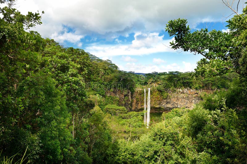 Scenic Chamarel falls in jungle of Mauritius island. Scenic Chamarel falls in jungle of Mauritius island