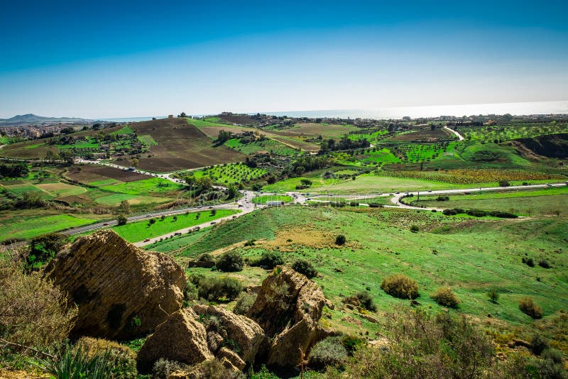 Scenic landscape of Sicily. Sicilian countryside landscape. Mediterranean garden landscape. Rural Italy. Scenic landscape of Sicily. Sicilian countryside landscape. Mediterranean garden landscape. Rural Italy