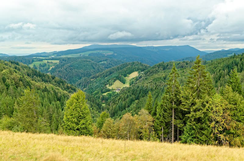 Toneelmening van een schilderachtig landschap met bergbossen en bewolkte hemel stock afbeelding Toneelmening van een schilderachtig landschap met bergbossen en bewolkte hemel stock afbeelding