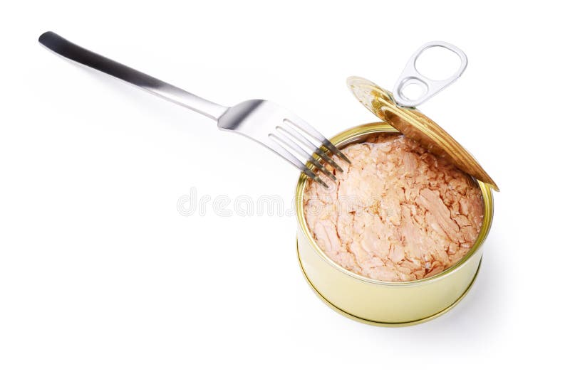 Only a tin of tuna is just opened and a fork isolated in absolute white. Only a tin of tuna is just opened and a fork isolated in absolute white.