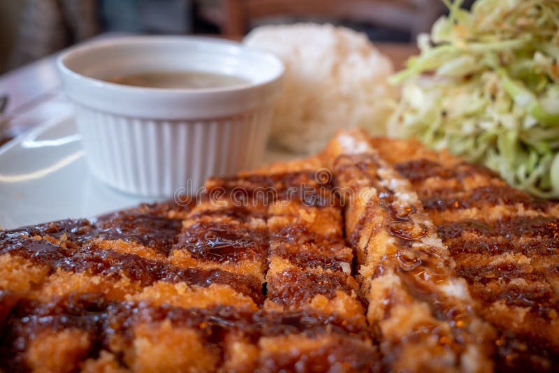 Tonkatsu, Deep Fried Pork with Rice, Soup and Cabbage Salad. Stock Image Image of gourmet