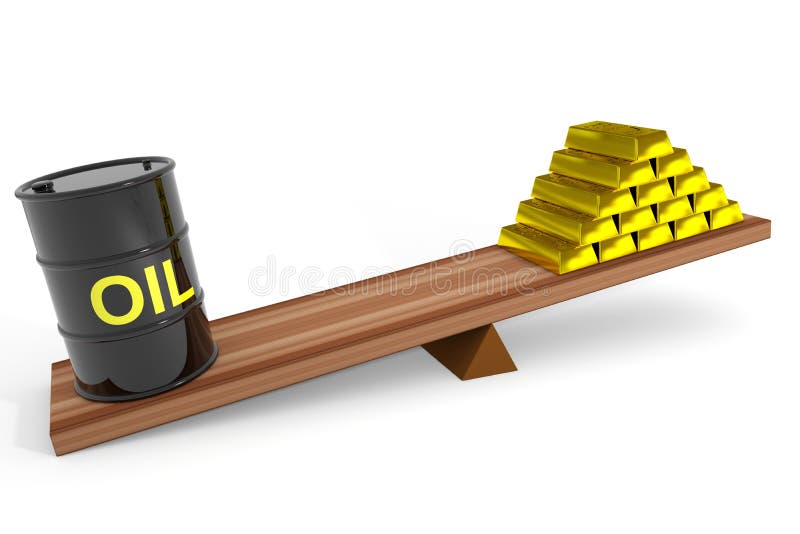 Tonneau à huile et bars d'or sur échelles. illustration de vecteur Tonneau à huile et bars d'or sur échelles. illustration de vecteur