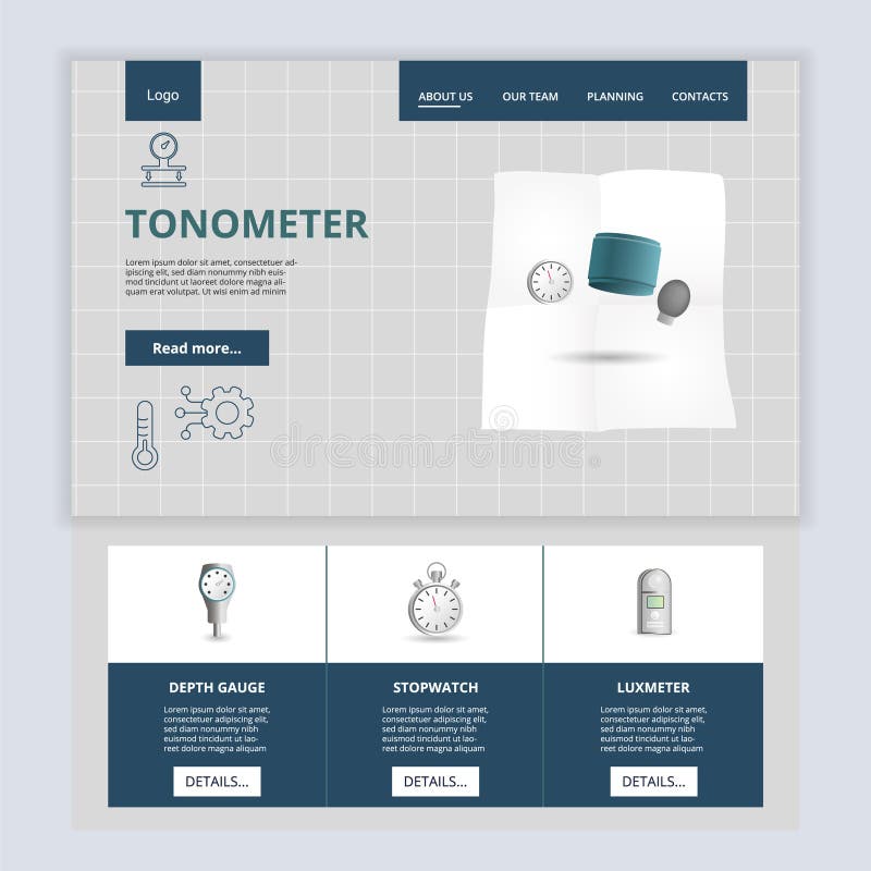 Tonometer flat landing page website template. Depth gauge, stopwatch, luxmeter. Web banner with header, content and stock illustration