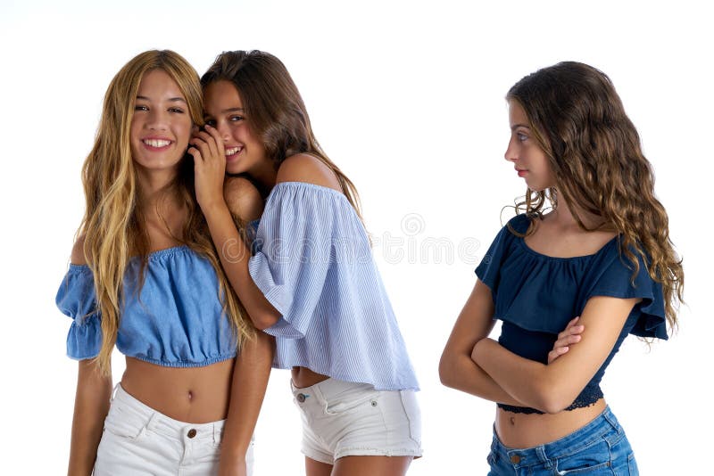 Teen best friends bullying a girl sad apart out of the game on white background. Teen best friends bullying a girl sad apart out of the game on white background
