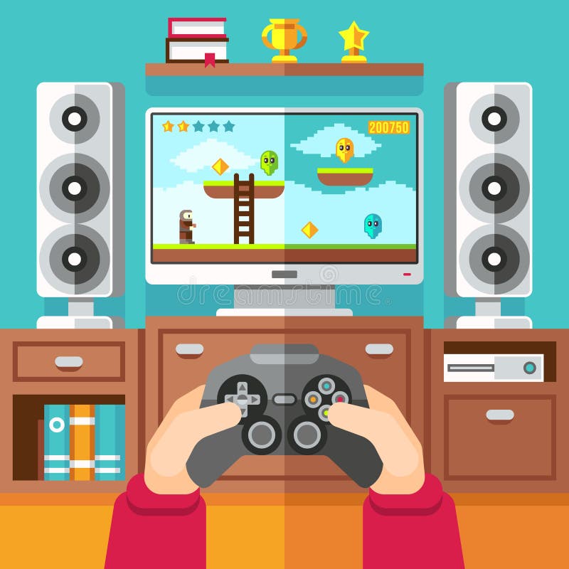 Tonåringdobbelvideospel med gamepad- och playstationvektorillustrationen vektor illustrationer Tonåringdobbelvideospel med gamepad- och playstationvektorillustrationen vektor illustrationer