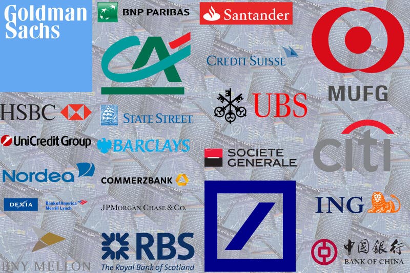 Illustration of trader screens, Logos and Lettering of worldwide banks considered to systemically important or too big to fail. Illustration of trader screens, Logos and Lettering of worldwide banks considered to systemically important or too big to fail