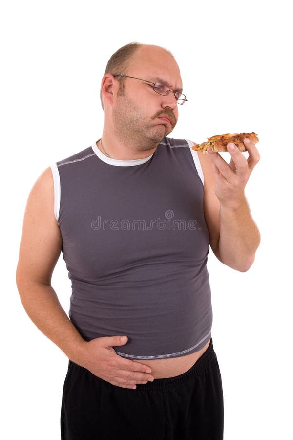 Unhealthy fat man trying to eat one more pizza part. Unhealthy fat man trying to eat one more pizza part