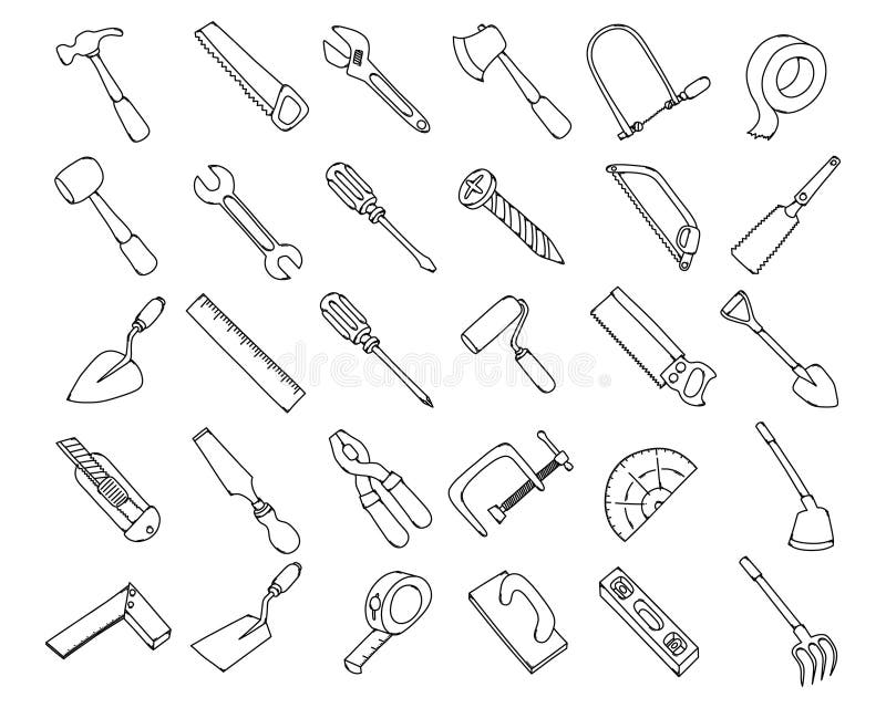 Tool Doodle Vector Icon Set. Drawing Sketch Illustration Hand Drawn