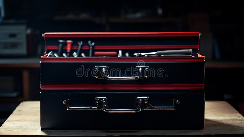 Toolbox con diversi strumenti di riparazione in un'impostazione di workshop ben organizzata illustrazione di stock