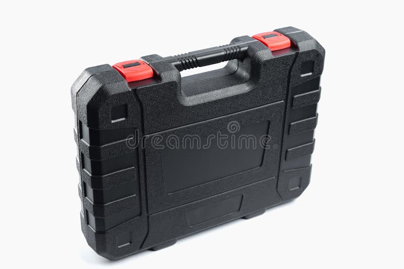 Toolbox Isolated on White Background. Closed Black Plastic Case, Close