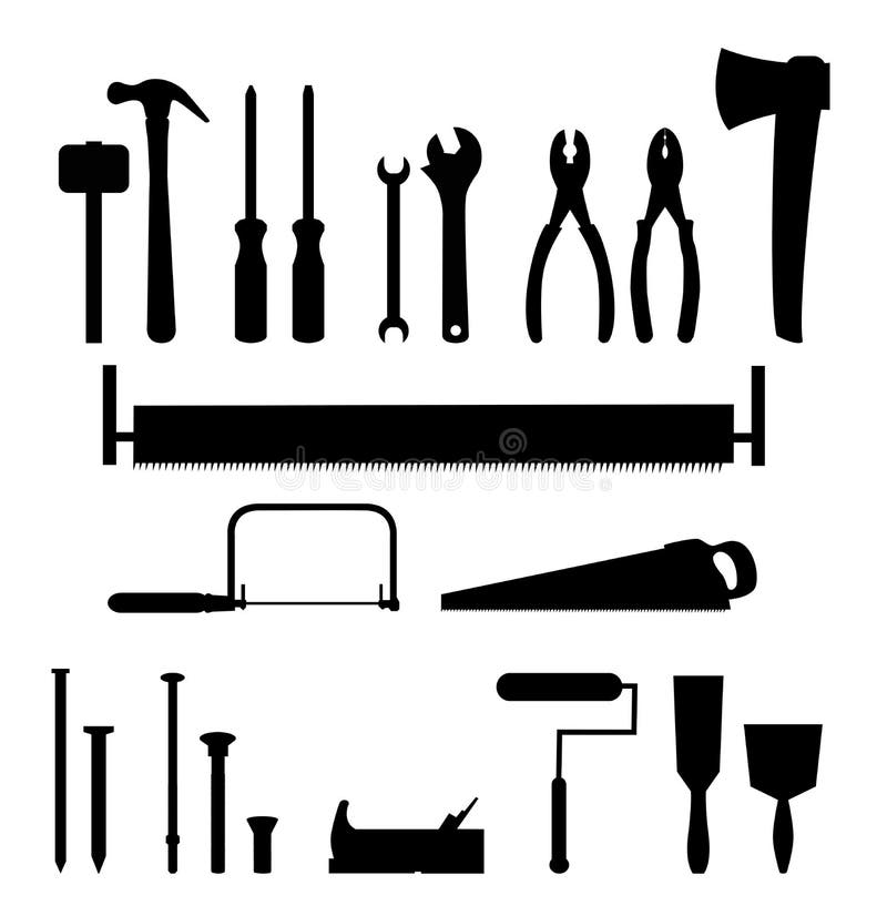 21 nástroje potrebné v stavebných, inštalatérskych, carpenting, atď kladivo (2), skrutkovač (2), kliešte, (2), ax, videl (3), pleseň (2), skrutky (3), jointer, maľovanie valčekom, natieraním štetcom (2)