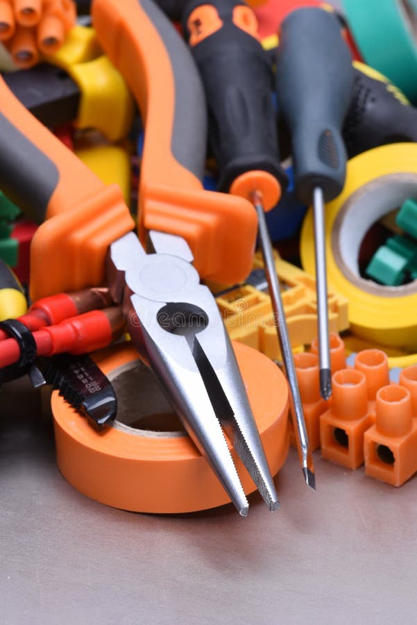 Tools and Accessories Used in Electrical Installations Stock Photo