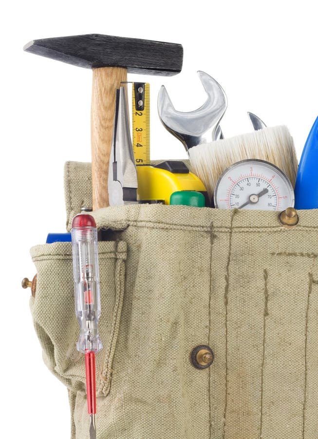 Tools in belt bag on white