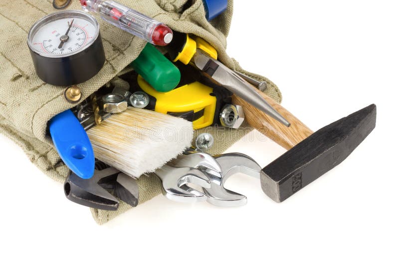 Tools in belt bag on white