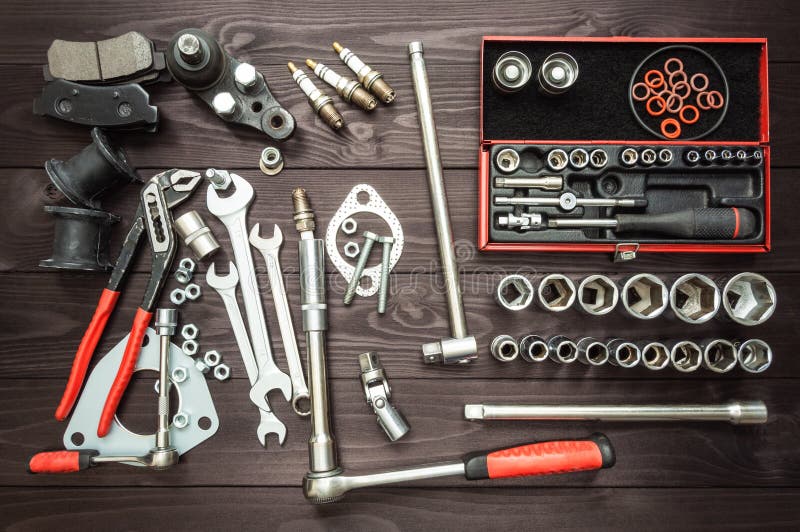 Tools and Car Parts on Wooden Workbench Stock Image Image of background, engineering 139334111