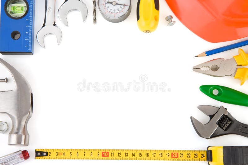 Tools and construction equipment on white stock image
