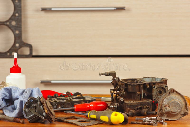 Tools and Engine Parts in the Workplace Automotive Mechanic Stock Photo Image of benzine