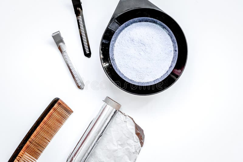 Tools for Hair Dye and Hairdye Top View White Background Stock Image