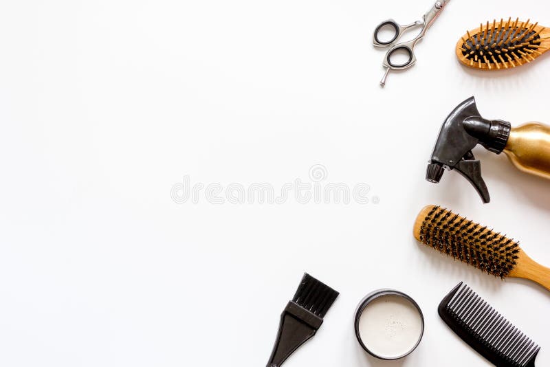 Tools for hair styling on white background top view