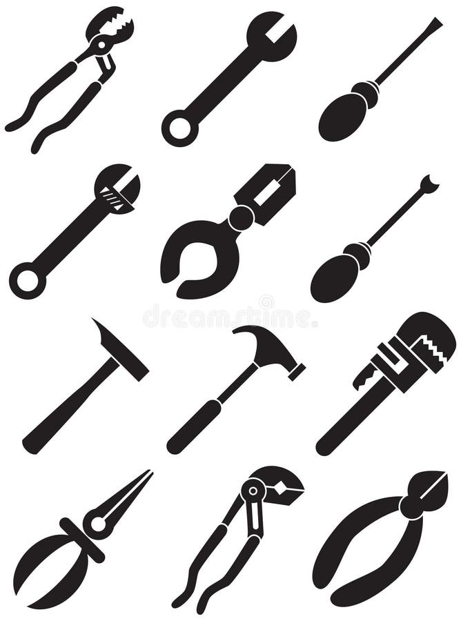 Un conjunto compuesto por 12 herramientas iconos en blanco y negro.