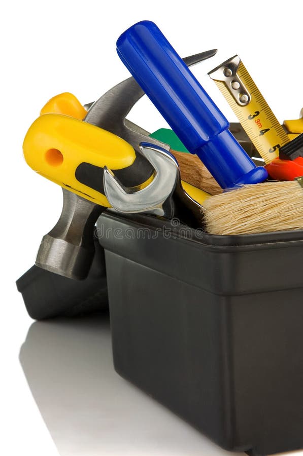 Tools and instruments in box isolated on white