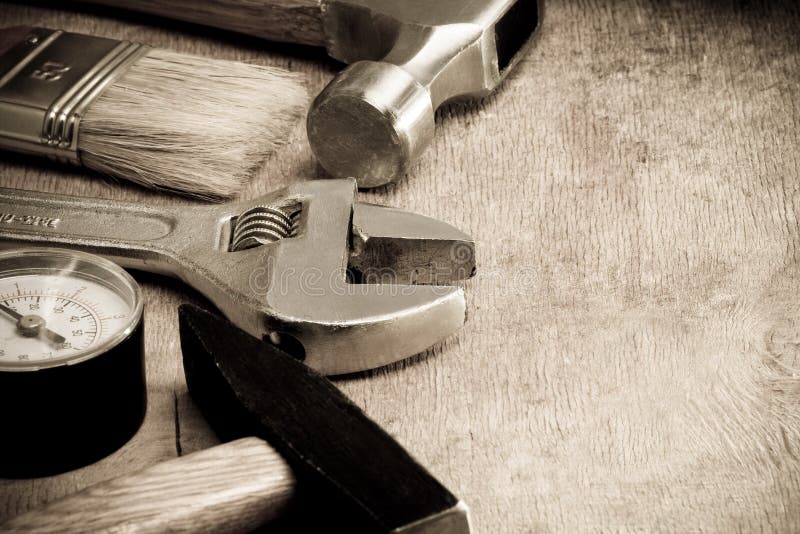 Tools and instruments on wood texture