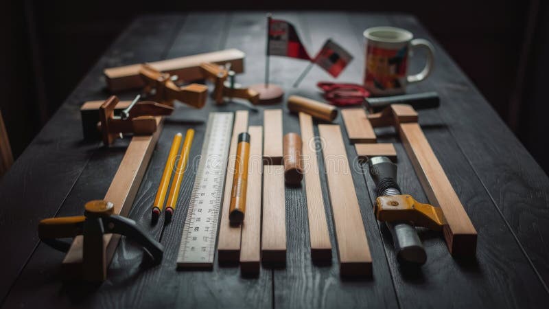 Tools for joinery on dark wood table flat lay Labor Day royalty free illustration