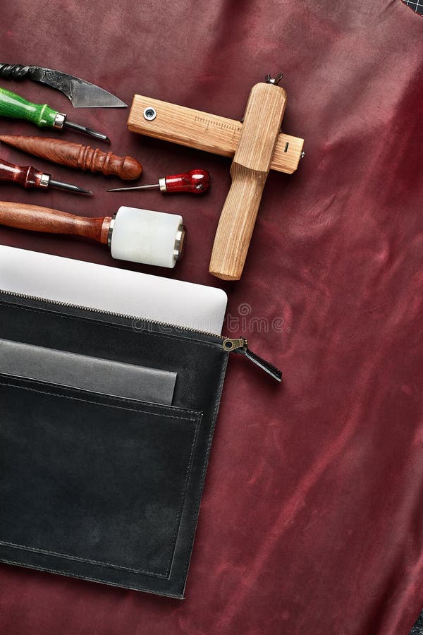 Tools for Leather Crafting and Pieces of Eather. Manufacture of Leather Goods. Stock Image