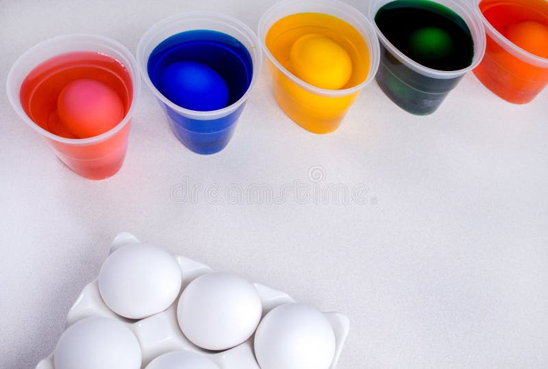 Tools for Painting Eggs for Easter, Eggs Box, Cups of Colorful Paint