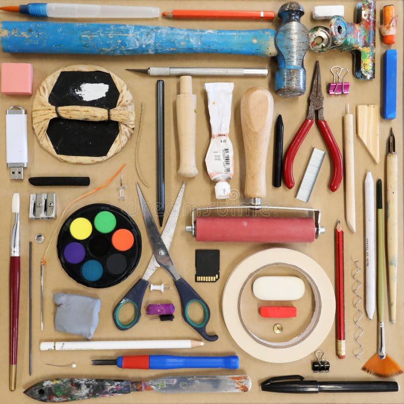 Tools of the trade. A range of visual art or artist equipment arranged on a neat interesting composition